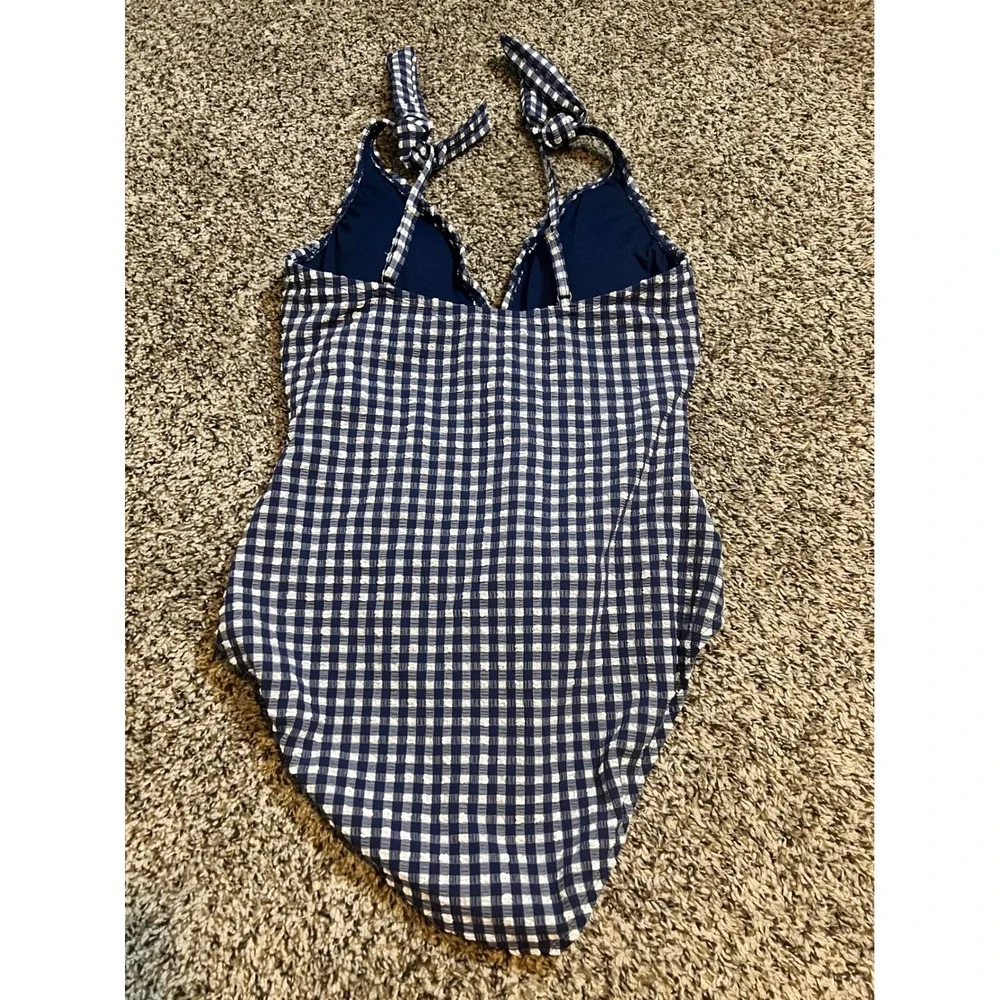 Ellen Tracy Women Navy Gingham Seersucker One Piece Swimsuit Ruched Tie Shoulder